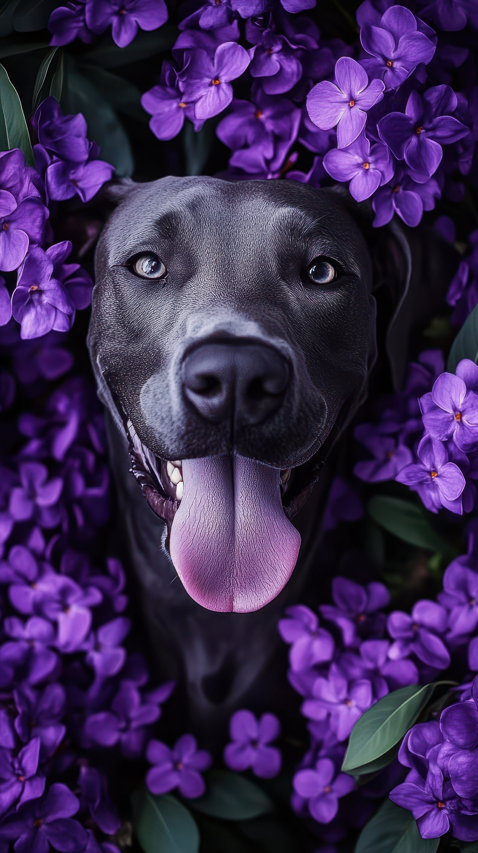 A black dog with a pink tongue sticks its head through purple flowers